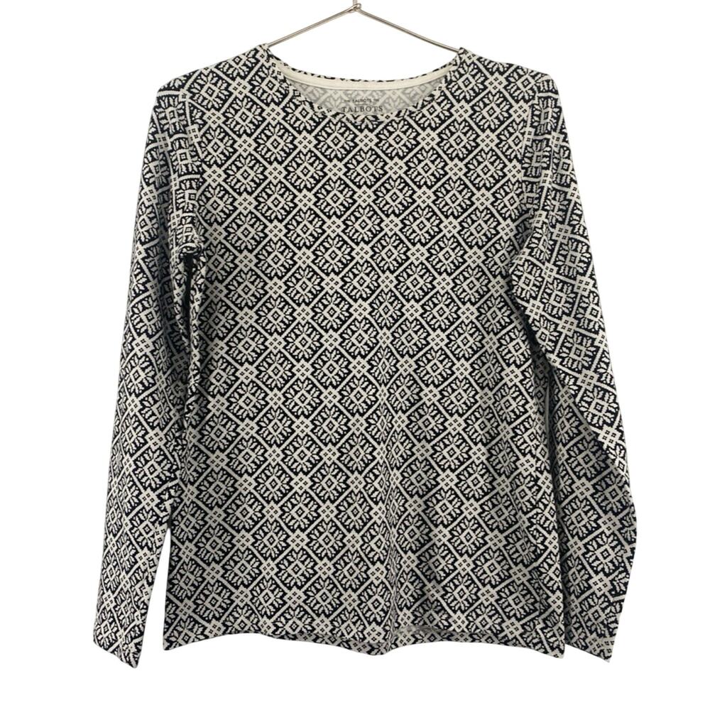 Talbots Women’s Black & White Size Small Geometric Snowflake Prints Long Sleeve